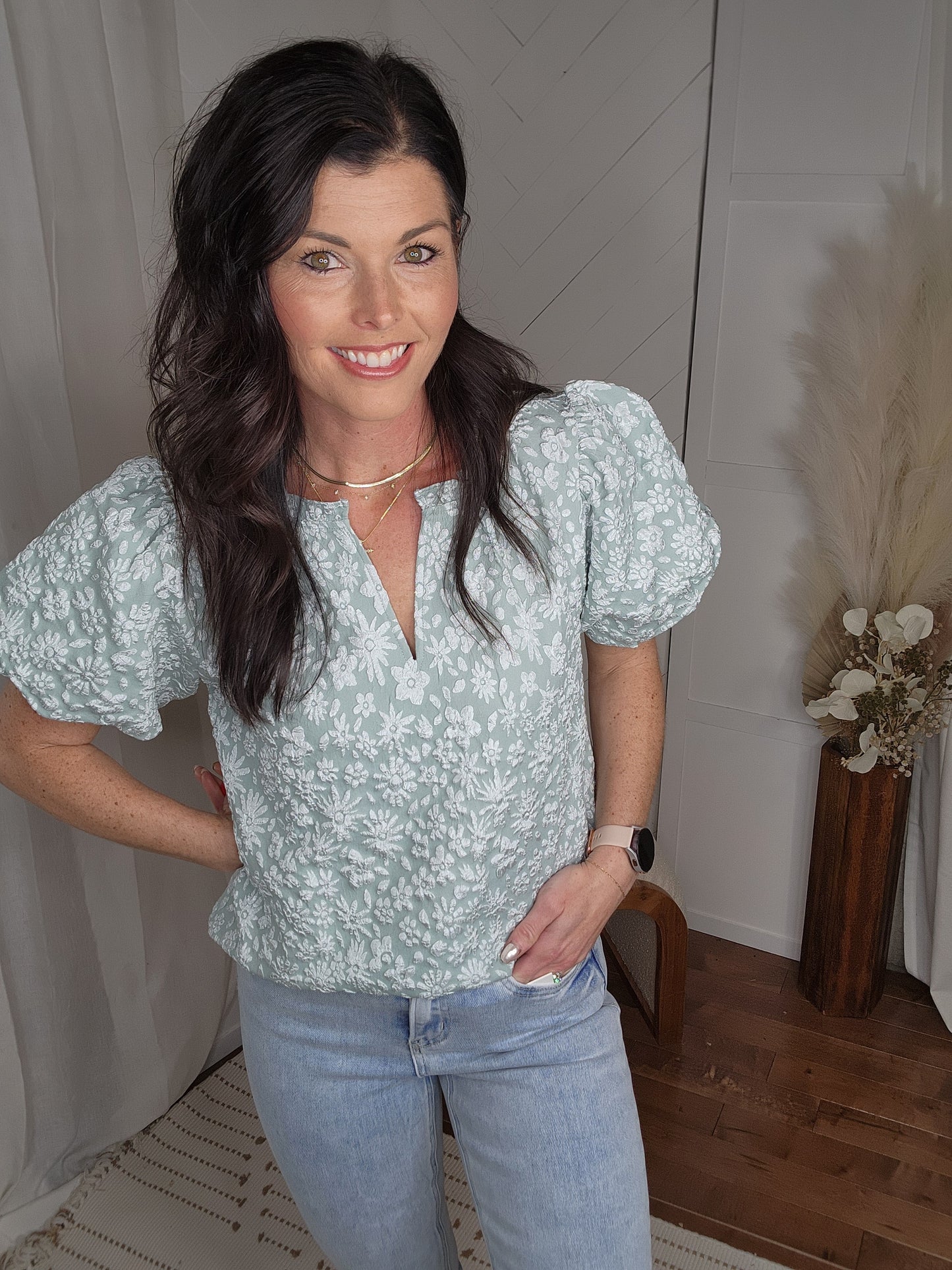 Sage Textured in Floral Top
