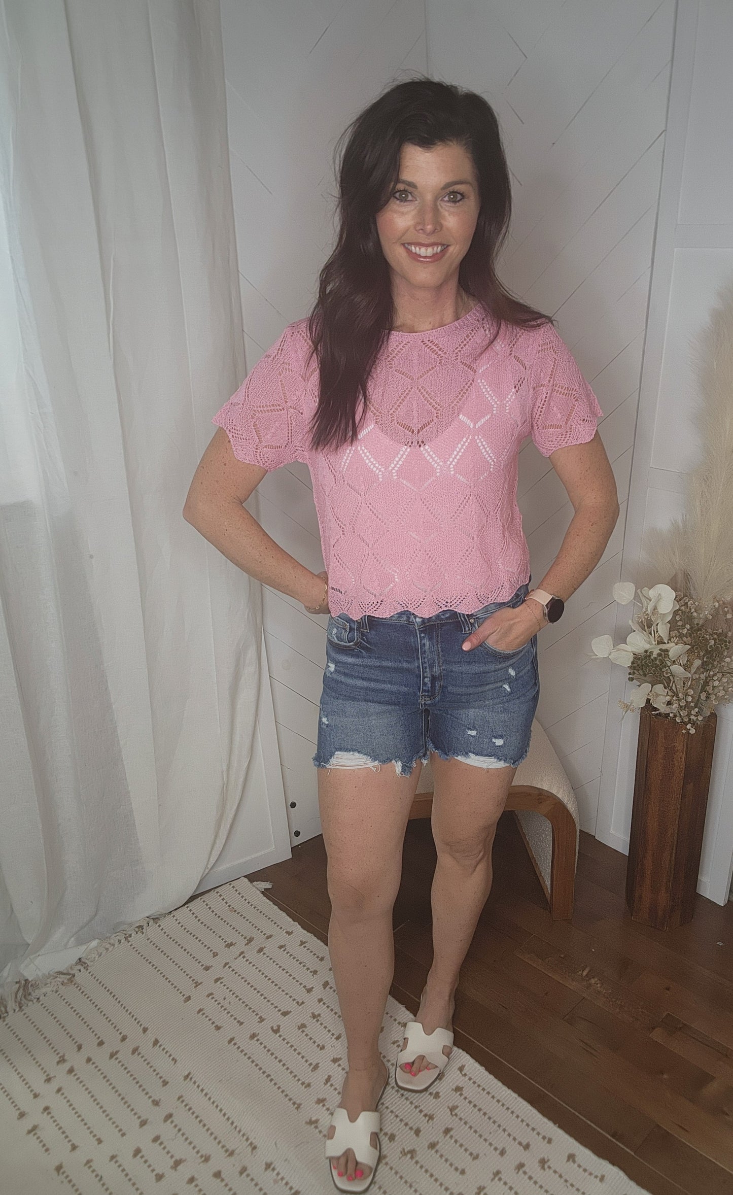 Blush Short Sleeve Crochet Crop