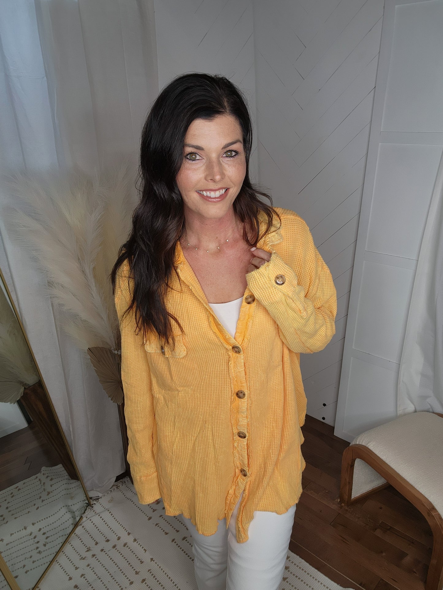 Apricot Vintage Wash Waffle Button Up