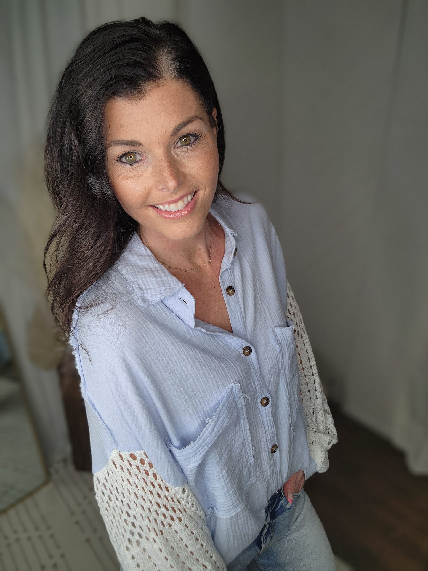 Cloud Blue Knit Pocket Shirt