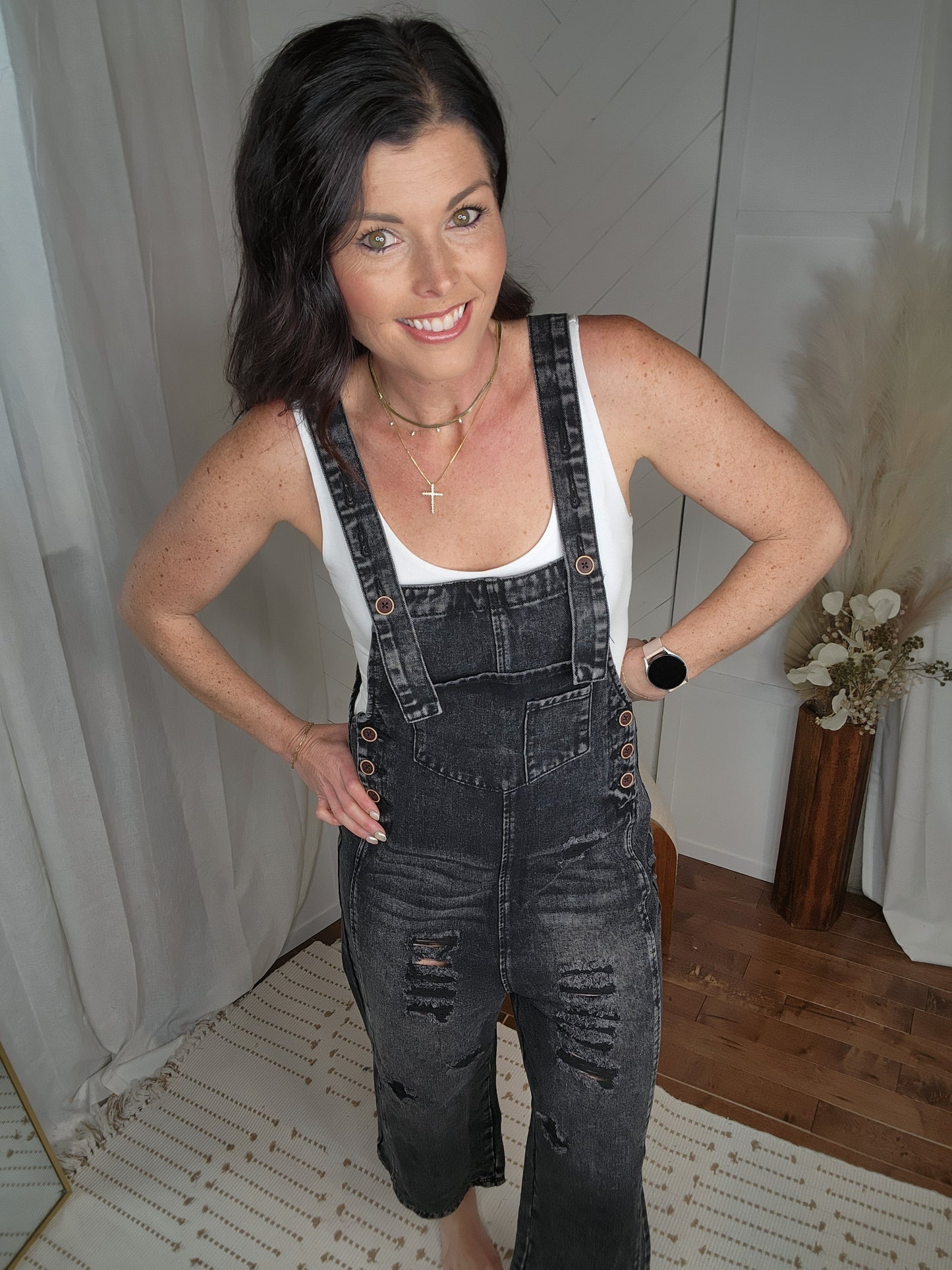 Black Distressed Wide Leg Denim Overalls