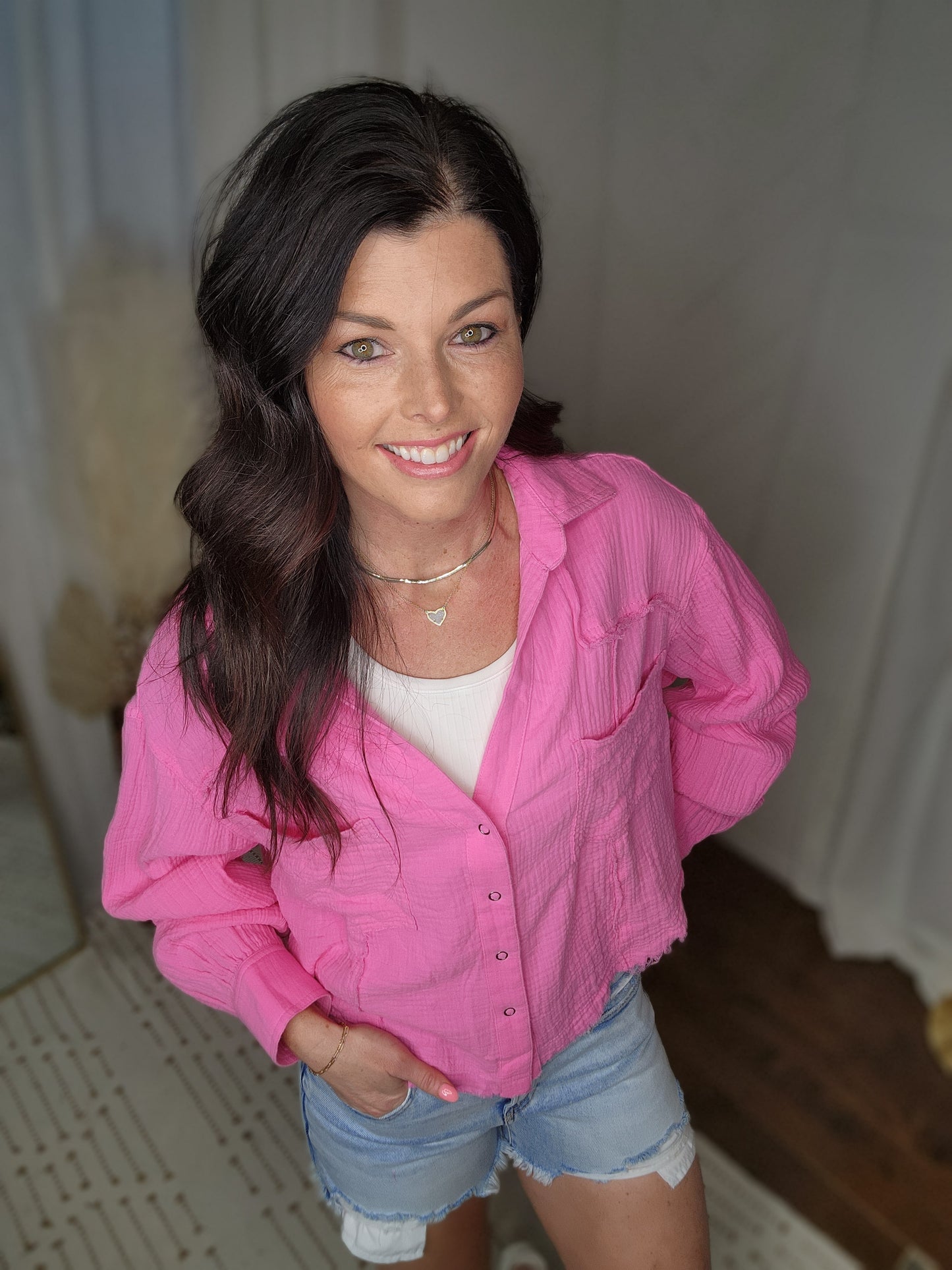 Bright Pink Gauze Button Up