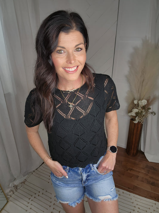 Black Short Sleeve Crochet Top