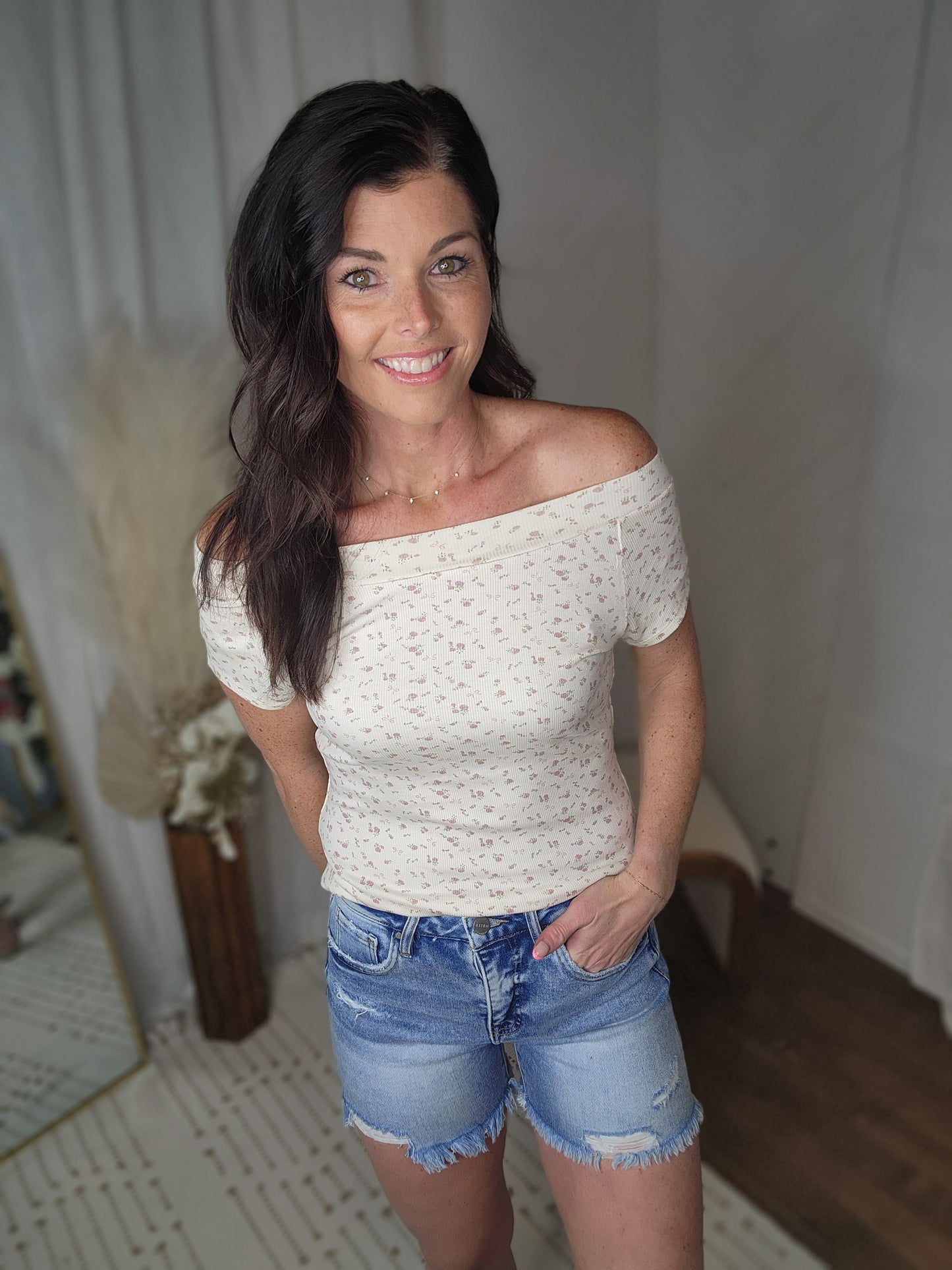 Floral Print Rib Off the Shoulder Short Sleeve Top
