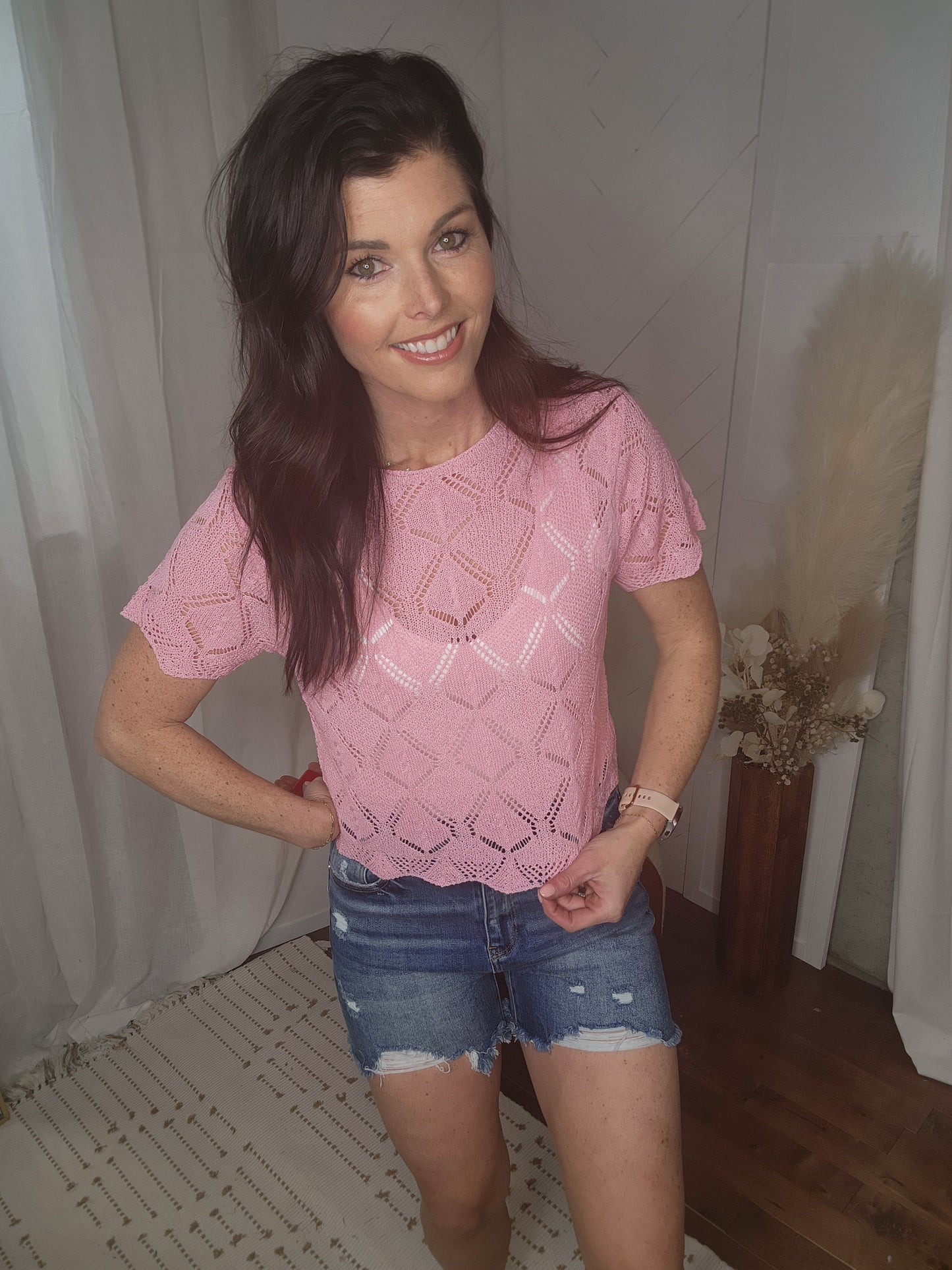Blush Short Sleeve Crochet Crop