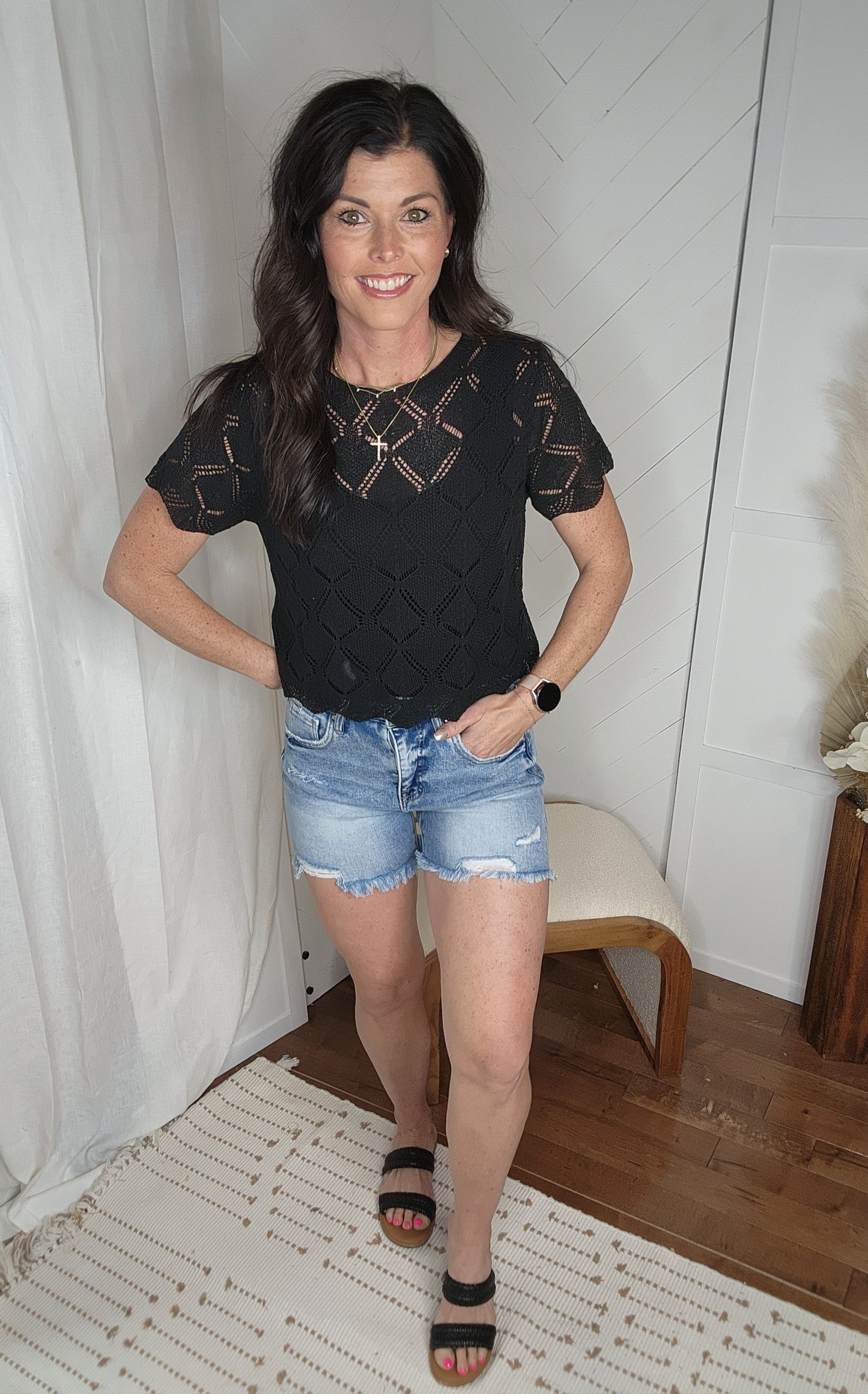 Black Short Sleeve Crochet Top