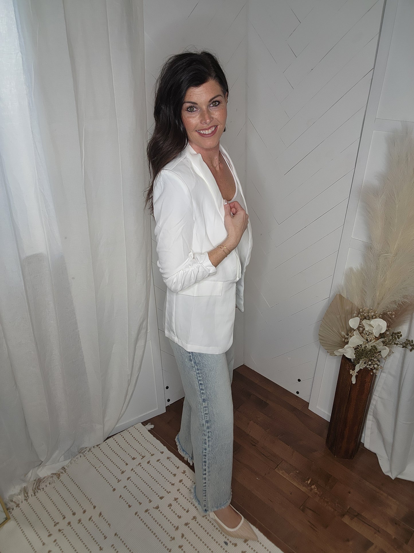 White Bunched Sleeve Blazer