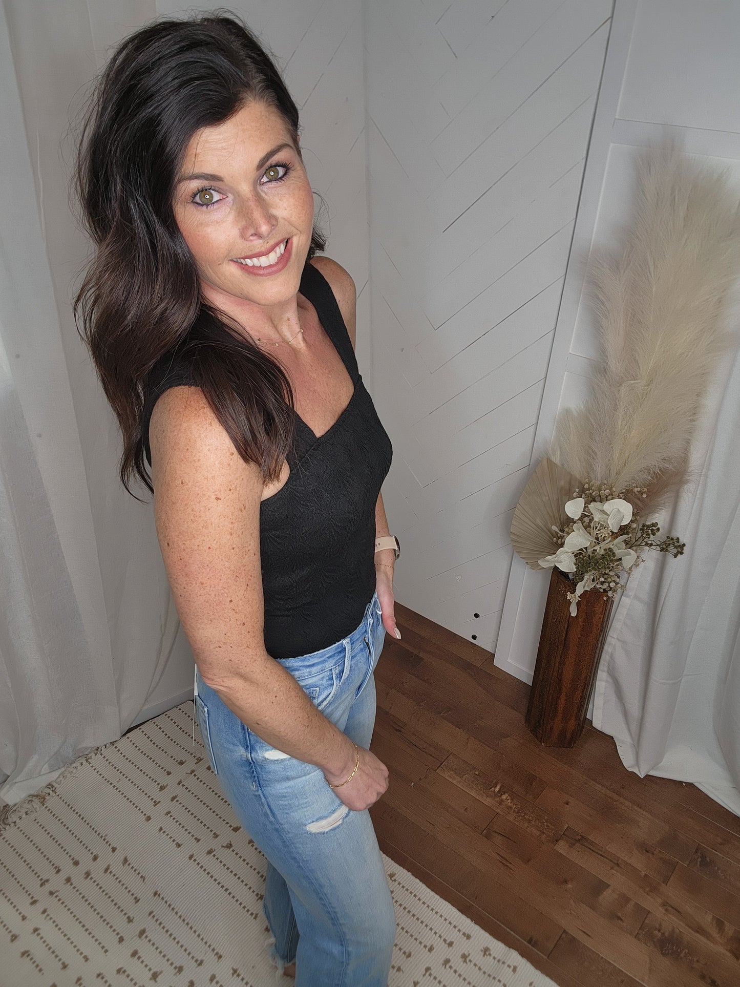 Black Floral Square Neck Tank