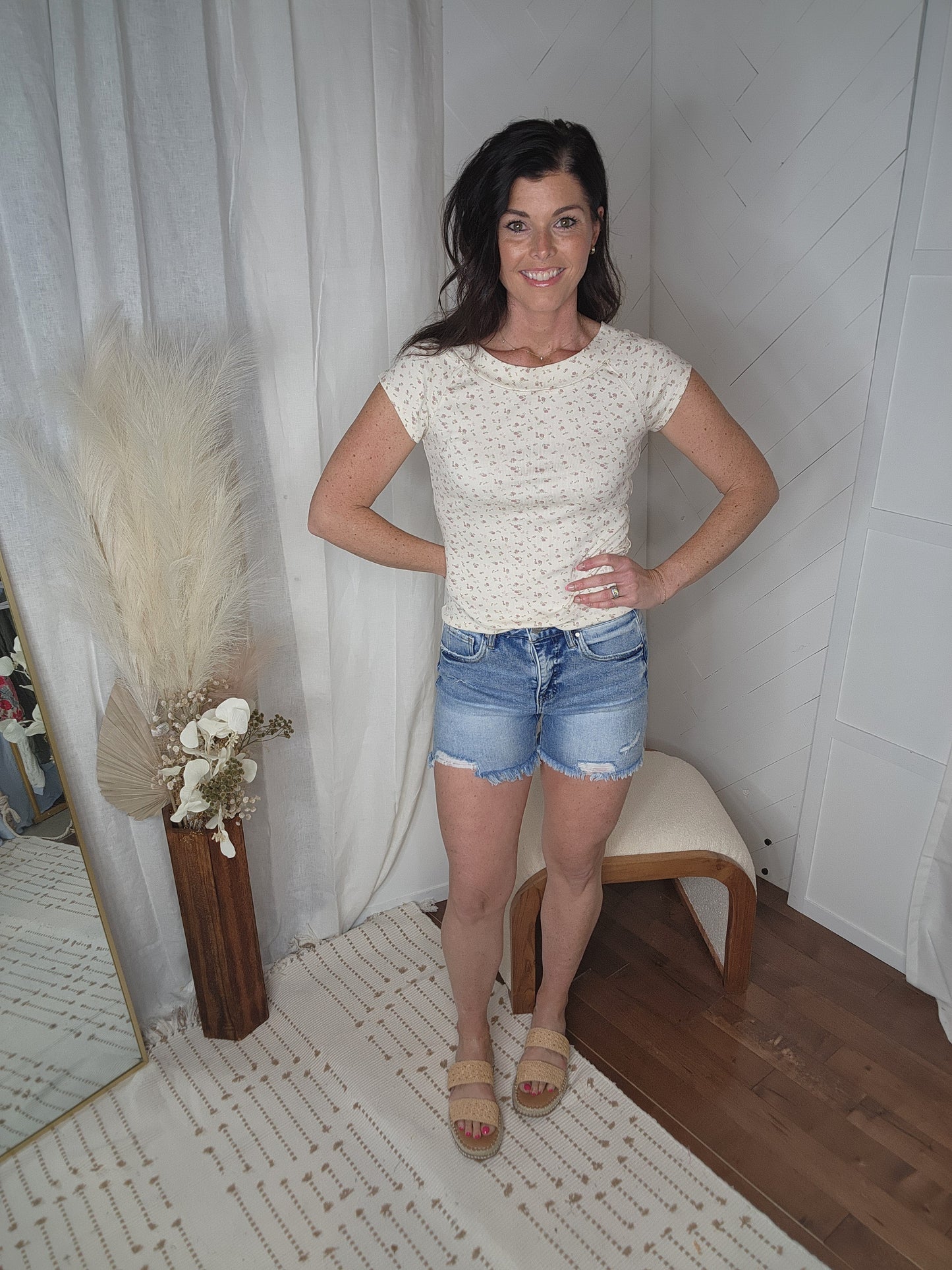 Floral Print Rib Off the Shoulder Short Sleeve Top