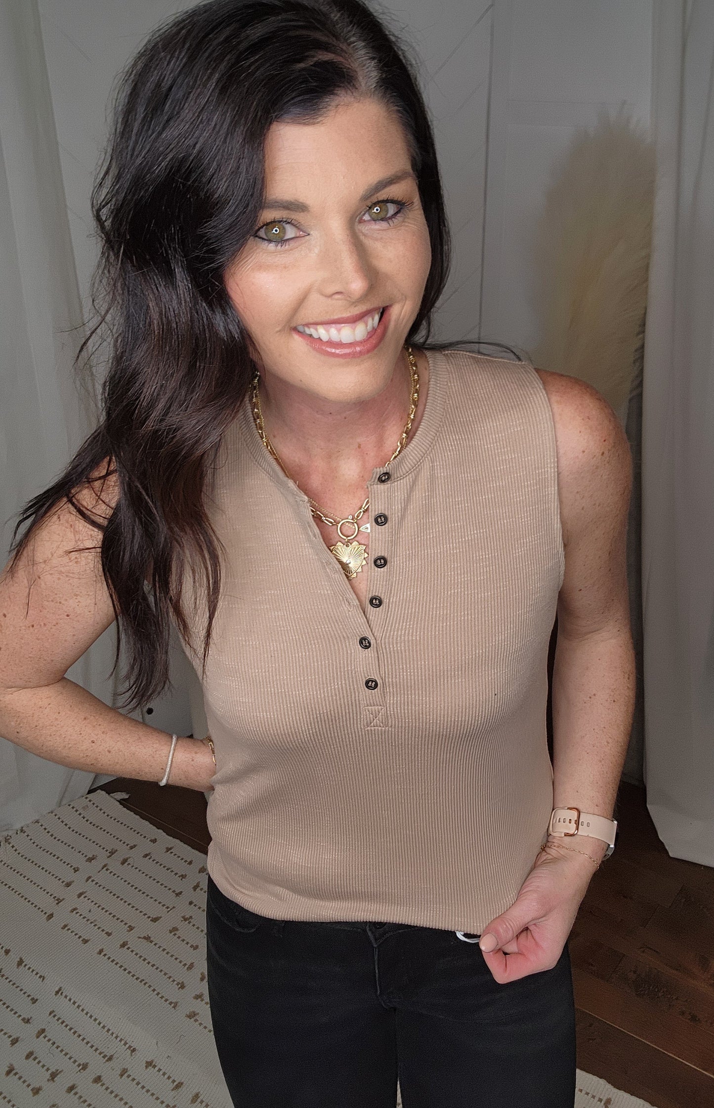 Taupe Snap Button Tank Top